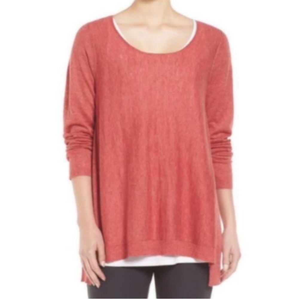 Eileen Fisher Persimmon Tencel Wool Alpaca Scoop Neck Hi Low Sweater PL